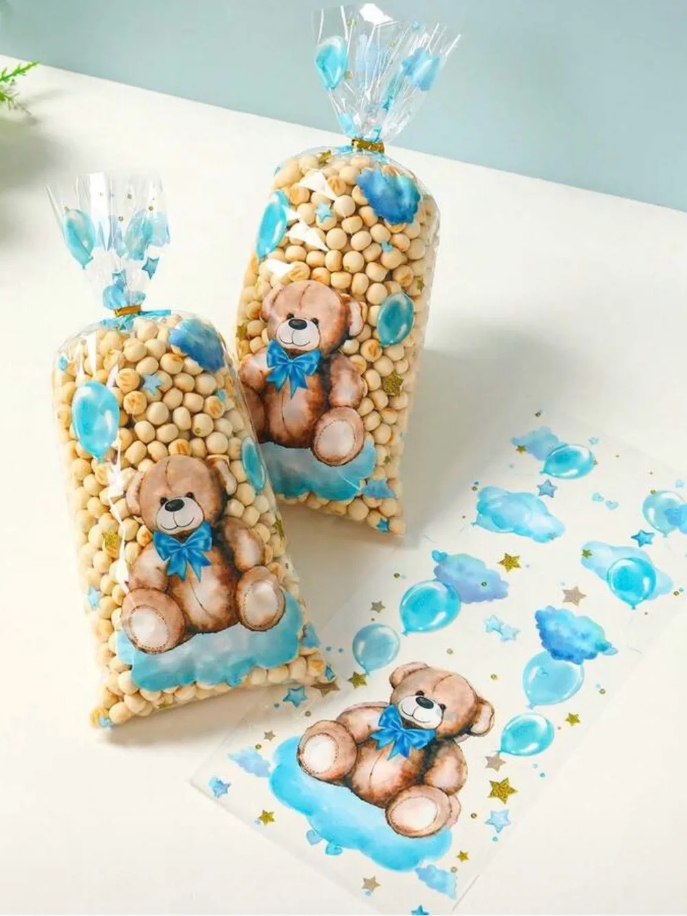 25pcs Cute Blue Teddy Bear Treat Bags – Clear Cellophane Party